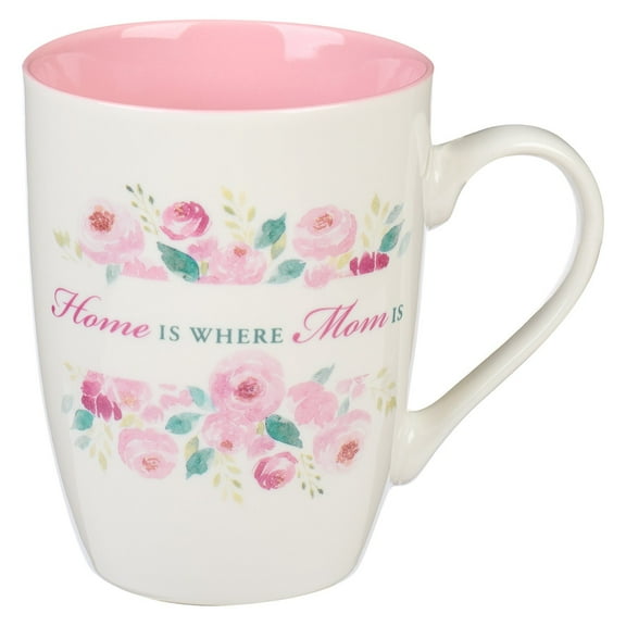 Special Coffee Mug for Mothers, Home is Where Mom Is Pink Peony Flowers Inspirational Coffee/Tea Cup for Her Birthday, Mother's Day, 12oz Ceramic Microwave Dishwasher Safe, With Love