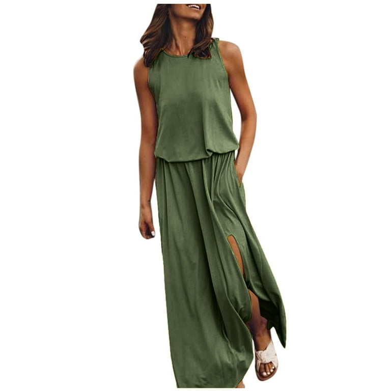 QLEICOM Women Summer Bohemian Solid Fork Opening Dress Casual Sleeveless Belt A-Line Maxi Dress Pleated Hem Swing Sun Dress Green S, US Size: 4 QLEICOM Women Summer Bohemian Solid Fork Opening Dress Casual Sleeveless Belt A-Line Maxi Dress Pleated Hem Swing Sun Dress Green S, US Size: 4