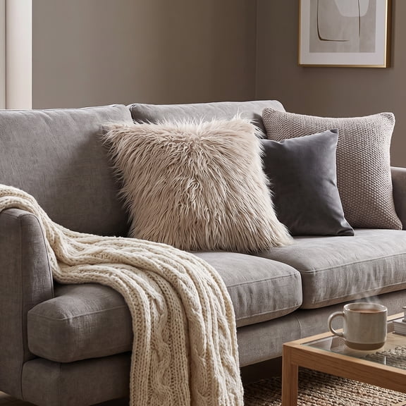 Northlight Textured Faux Fur with Suede Throw Pillow - 17" x 17" - Beige Taupe and White