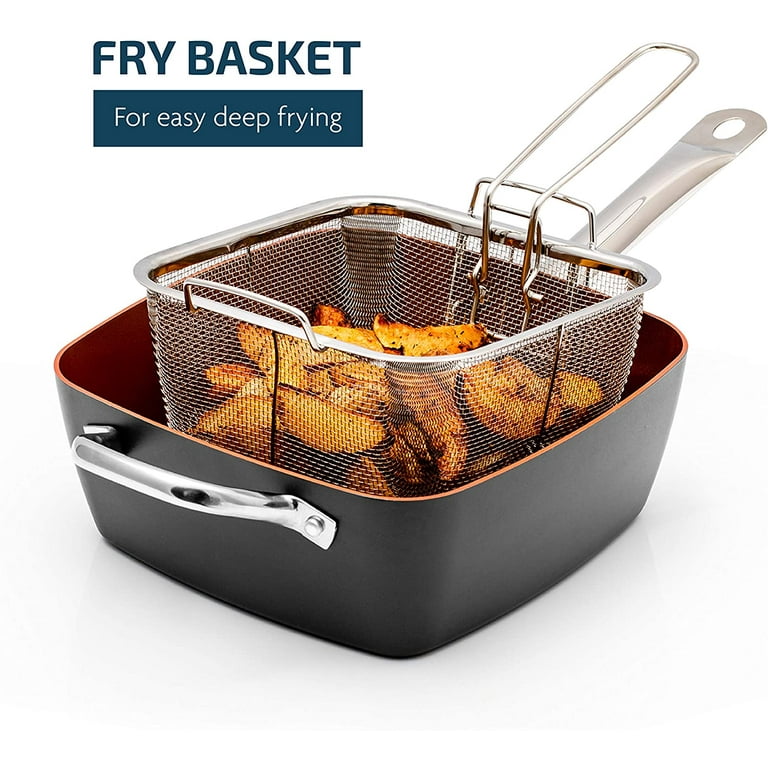 9.5-Inch Deep Frying Pan Square with Glass Lid Stainless Steel Fry Basket  Kitchen - AliExpress