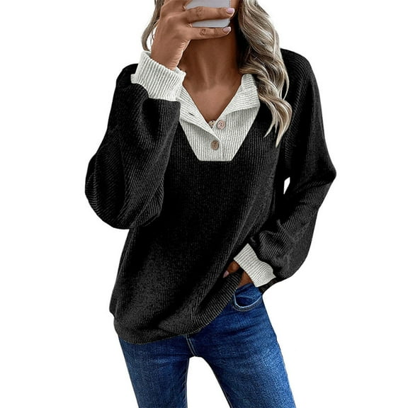 Holzkary Womens Fall Fashion 2025 Womens Long Sleeve Shirts Patchwork Button Up V Neck Sweatshirt Casual Pullover Tops Ribbed Pullover Knit Warm Color Blocked Ribbed Tops with Collar Polo Black L
