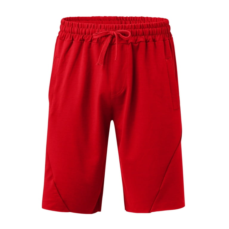 red shorts male casual mid waist shorts pant solid splice pocket drawstring  knee length shorts