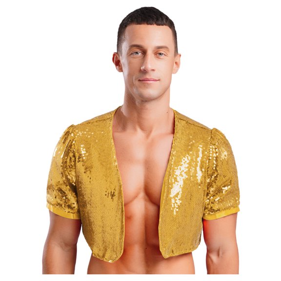 YiZYiF Mens Shiny Sequin Open Front Waistcoat Short Sleeve Shiny Metallic Crop Bolero Jackets Gold L