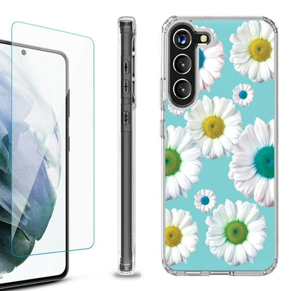 Shockproof Bumper Phone Case for Samsung Galaxy S23 5G, with Tempered Glass Screen Protector, by OneToughShield ® - Daisy/Teal