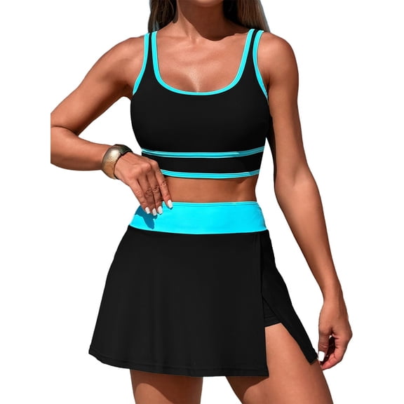 Women'S Bikini Sets Tummy Control Swim Skirt Two Piece Swim Suit Color Block Bathing Suit Black Blue M