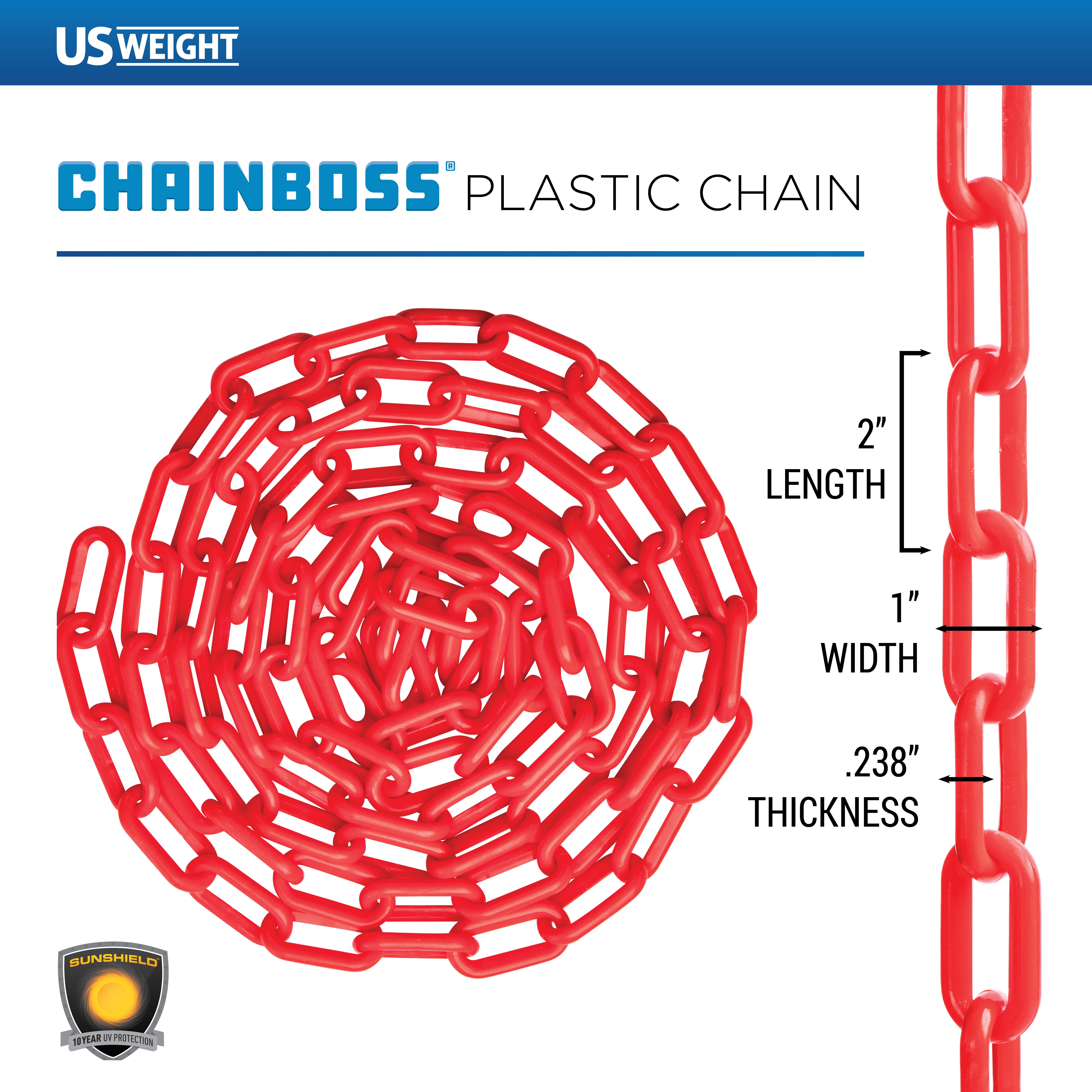 US Weight Chainboss 2" x 500' Red Plastic Safety Chain with SunShield UV Resistant Technology