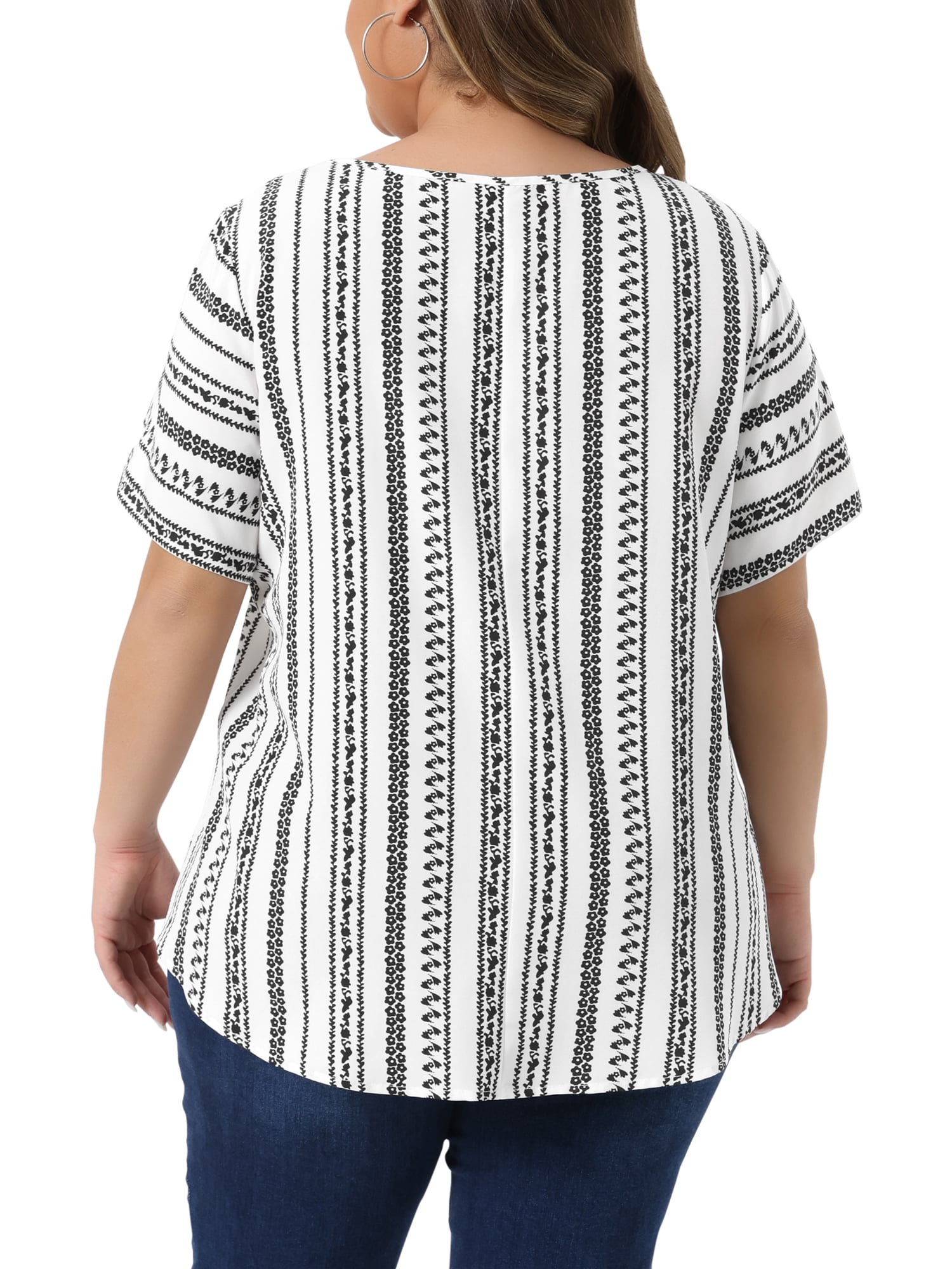 DARING DIVA Women's Plus Crew Neck Short Sleeve Boho Striped Blouse Top 1X White