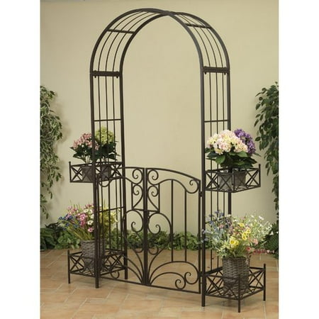 Gerson 87 Inch Tall Metal Garden Arch Gate With Movable Planters Gerson 87 Inch Tall Metal Garden Arch Gate With Movable Planters