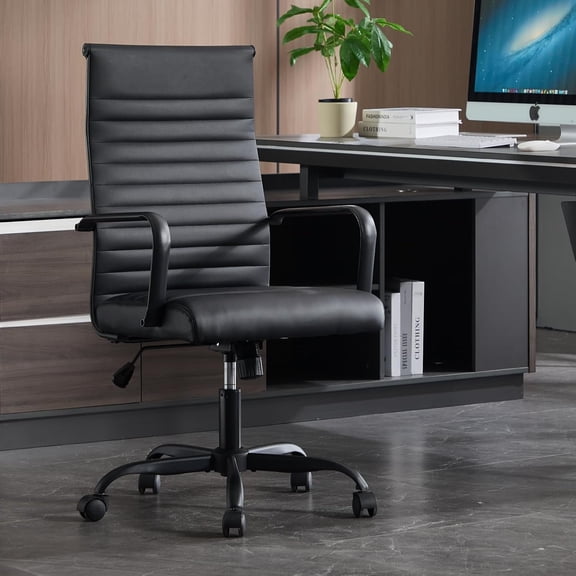 Conference Room Chairs, Ergonomic Executive Office Chair, Ribbed Leather Desk Chair with Lumbar Support, Adjustable Height Mid-Back Swivel Chair with Padded Seat