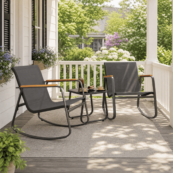 Asofer 3 Pieces Rocking Sets,Bistro Patio Furniture with 2 Outdoor Rocking Chairs and 1 Glass Coffee Table for Porch Deck Lawn,Poolside, Porch, Lawn
