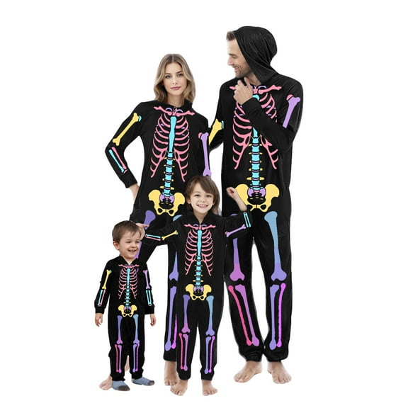 Felirenzacia Family Matching Halloween Onesie Pajamas, Funny Skeleton Hooded Zipper PJs Holiday Loungewear for Men/Women