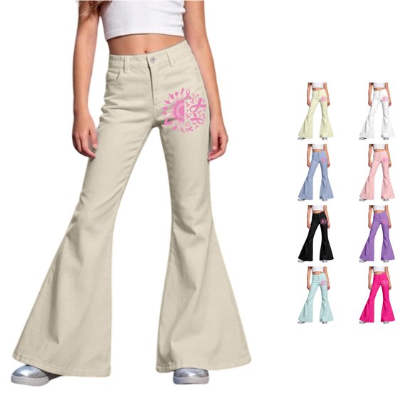 SGMVNU Girl's Flare Leg School Uniforms Dress Pants High Waist Casual Trousers with Pockets Girls Fashion, Size 11-12 Years, Khaki