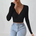 thumbnail image 2 of CaComMARK PI Women's Pullover Ribbed Cropped Wrap Deep V Neck Knitwear Ruched Knitted Crop Top Solid Long Sleeve T-Shirt Black 12(XXL), 2 of 6