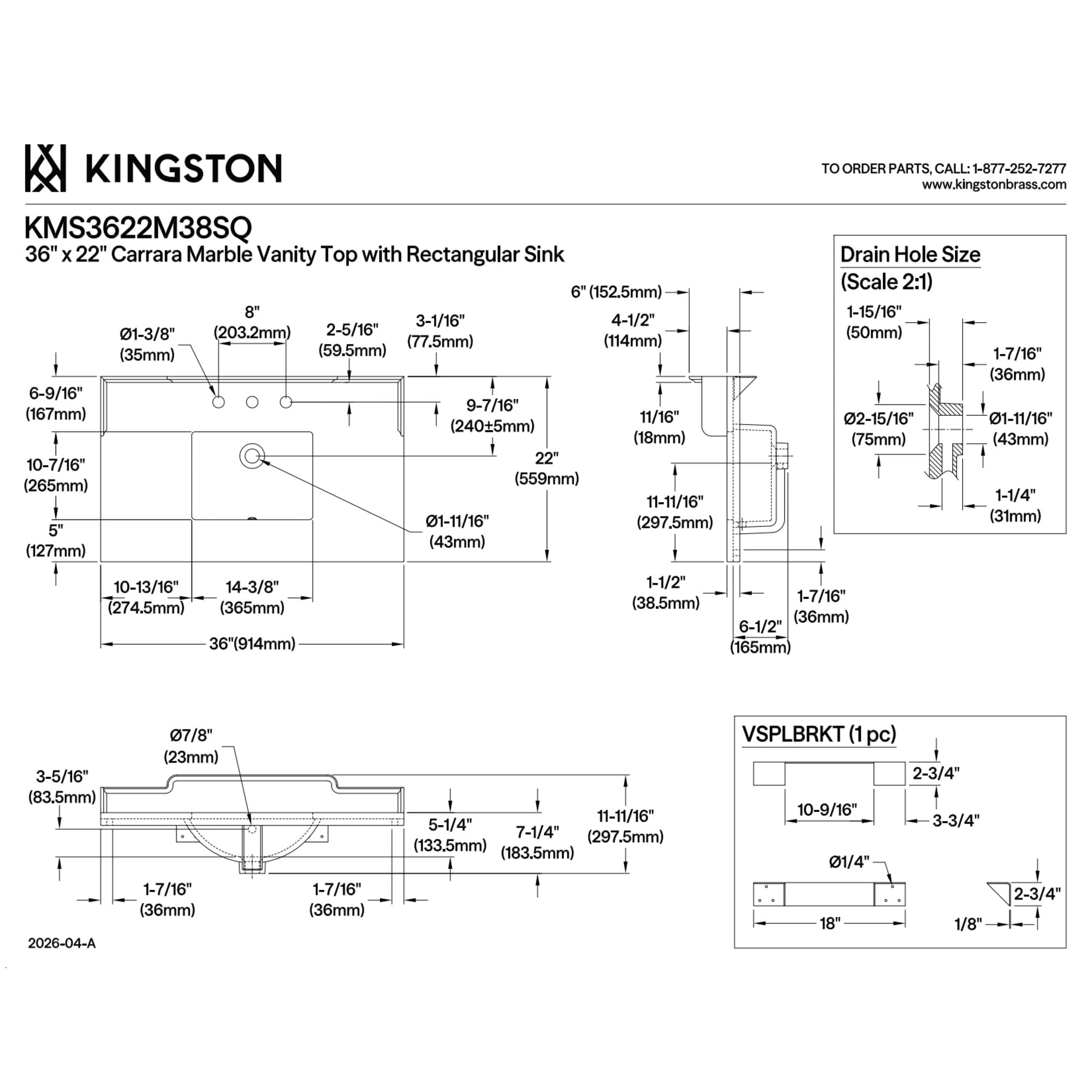 Kingston Brass KMS3622M38SQ Pemberton 36-Inch Carrara Marble Vanity Sink Top (8" Faucet Drillings) in Carrara White