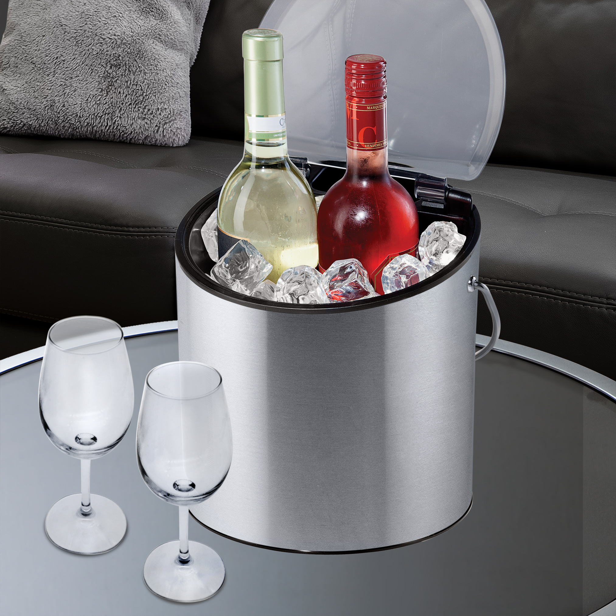 Oggi Qt. Wine Bucket w/ Ice Scoop, Clear Lid, Large  Suited to Chill Wine,  Holds Bottles, Stainless Color Model