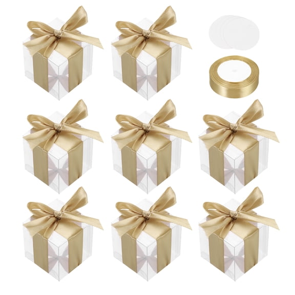 Uxcell 10 Pcs Clear Gift Boxes, 70x70x70mm Clear Boxes for Favors with Gold Ribbon Blank Tag, Plastic Gift Box for Wedding, Party Favors, Candy Boxes, Home Birthday Decor