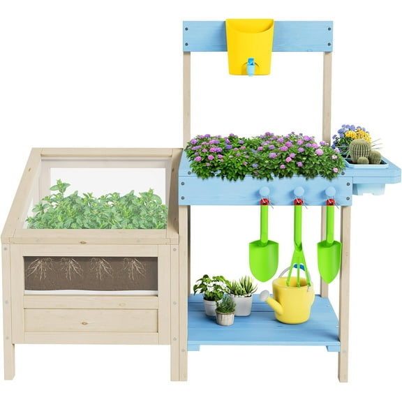 Huisuilinss Outdoor Mud Kitchen,Wood Play Kitchen With Faucet,Sink,Trowels,Rake & Plant Pots,Backyard Pretend Kitchen Playset,Potting Bench With Viewer Window,Gardening Tools Set For 3-8