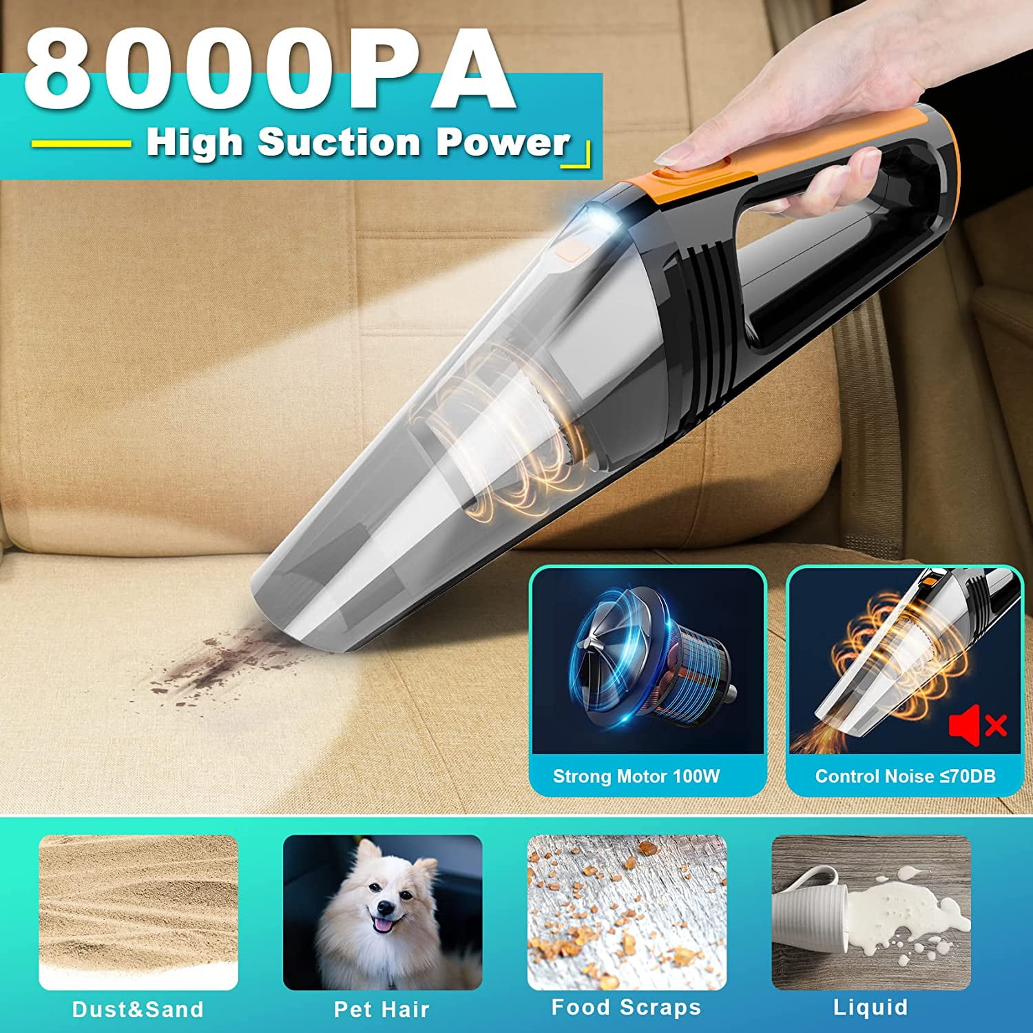 Car Vacuum, Portable Car Vacuum Cleaner High Power 8000Pa, Sm 12V Handheld Vacuum with LED Light,16.4Ft Corded, Deep Detailing Cleaning Kit of Car Interior with Dry for Men/Women