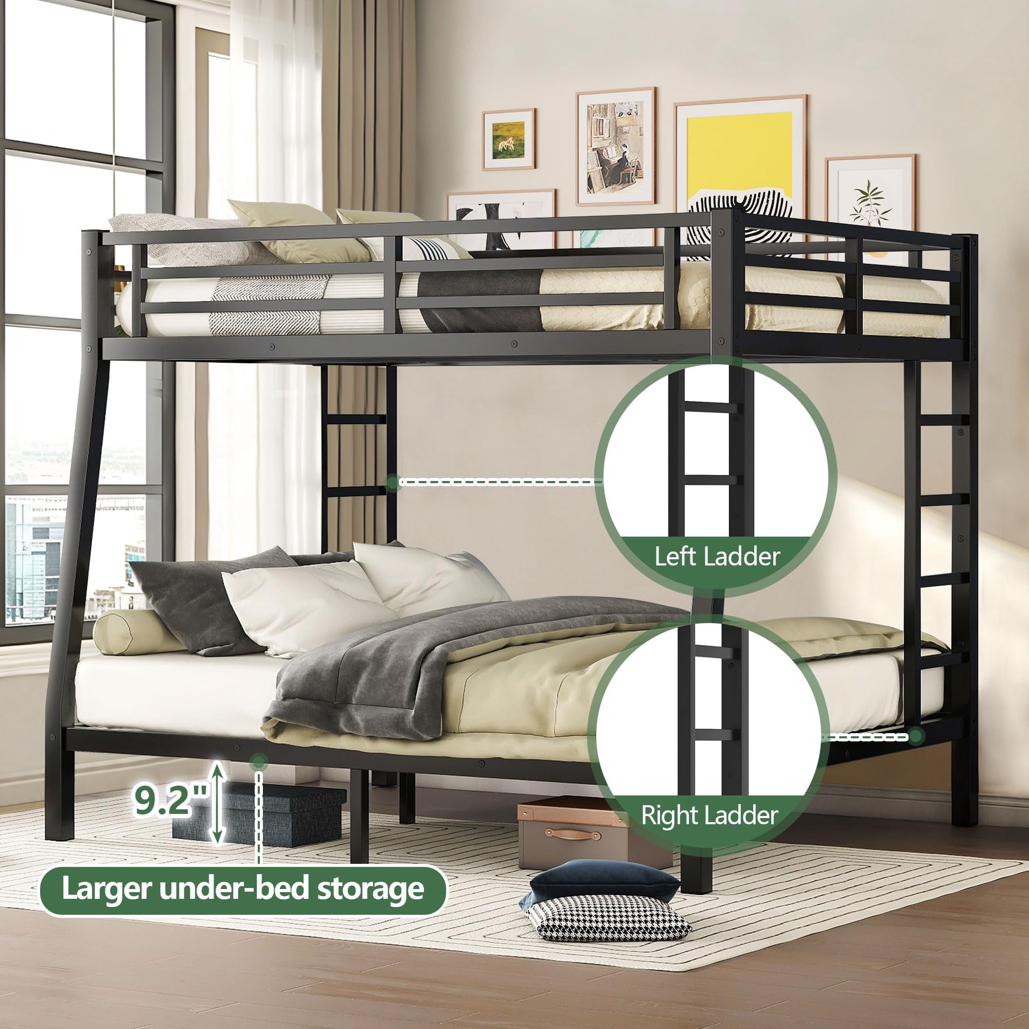 Miniyam Full XL over Queen Metal Bunk Bed with 2 Ladders, Heavy Duty Noise-Free Frame with Guardrails, No Box Spring Needed, for Adults, Black
