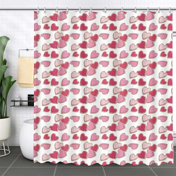 Valentines Shower Curtain Biscuit Hearts Donut Valentine''s Day Romantic Pink Heart Cute Bathroom Curtain with Hooks Waterproof Fabric Bathroom Decorations 72x72 Inches