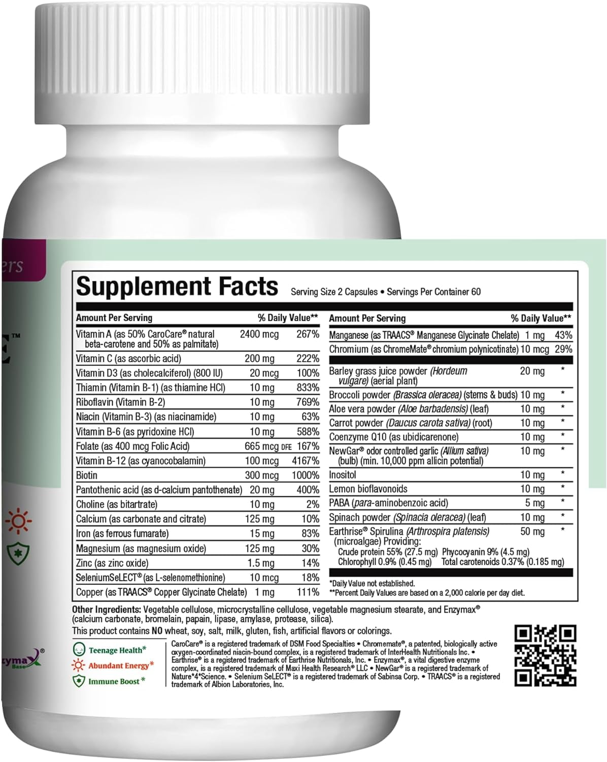 Maxi Health Teen Supreme Her – Multivitamin for Teen Girls with D3, Iron, Calcium & Enzymes – 120 Capsules