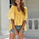 thumbnail image 2 of Camisas de jacquard de verano para mujer, blusa elegante con mangas acampanadas y cuello en V con volantes de Color puro para citas, 2 of 8