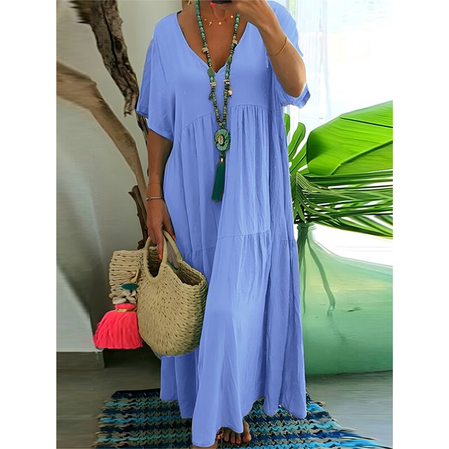 plus Size Women's Casual Loose V-Neck Solid Long Dress Spring Summer Pleated Big Size Women's Dress