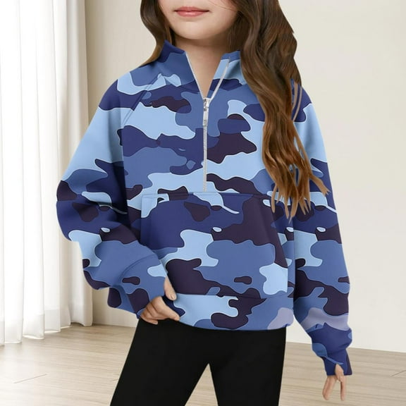 Bnwani Girls Crewneck Sweatshirt Zip Mock Neck Long Sleeve Half Zip Crop Fleece Sweatshirt Camouflage Pullover