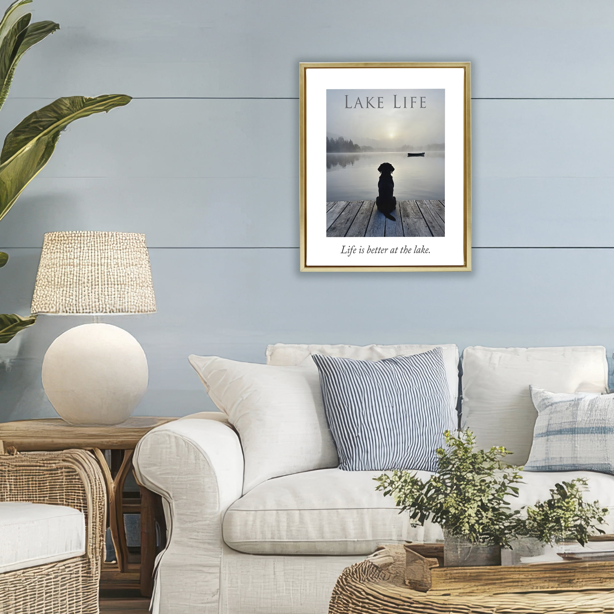 Stupell Industries Lake Life with Dog Gold Framed Floater Canvas Wall Art, design by A Barefoot Stylist