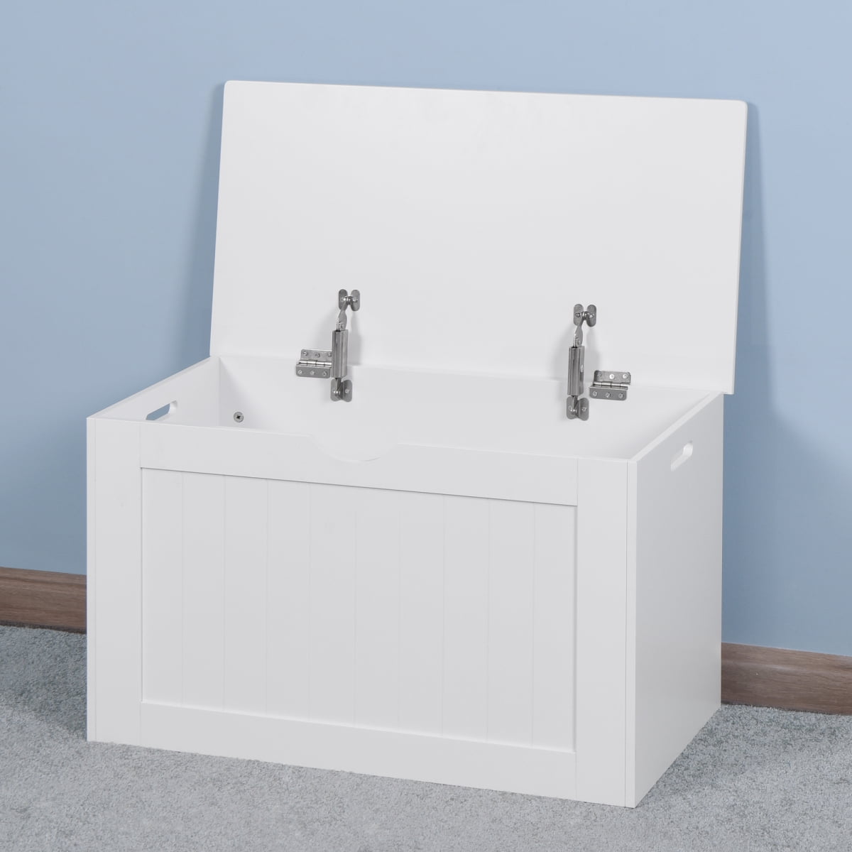 White Lift Top Entryway Storage Cabinet Wooden Toy Box with 2 Safety Hinges