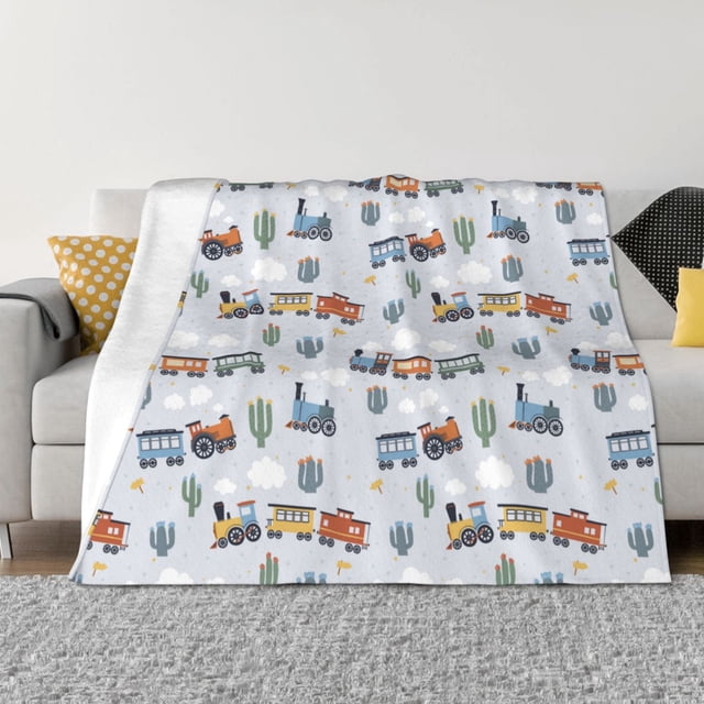 Fotbe Trains And Cactuse Manta de Franela con Estampado, Manta Ultrasuave para Cama, Sofá, Auto, Hipoalergénica y Antibolitas-60"x50"