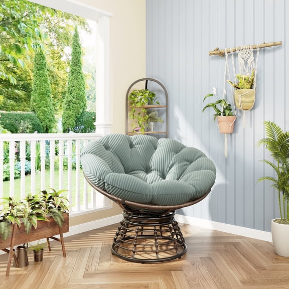 WRXELAN Papasan Chair with Cushion and Frame, 360° Rotating Wicker Decorative Chair, Comfortable Outdoor Padded Round Modern Oversized Reading Lounge Chair, Bowl-Shaped Chair, Dish Chair, Light Green