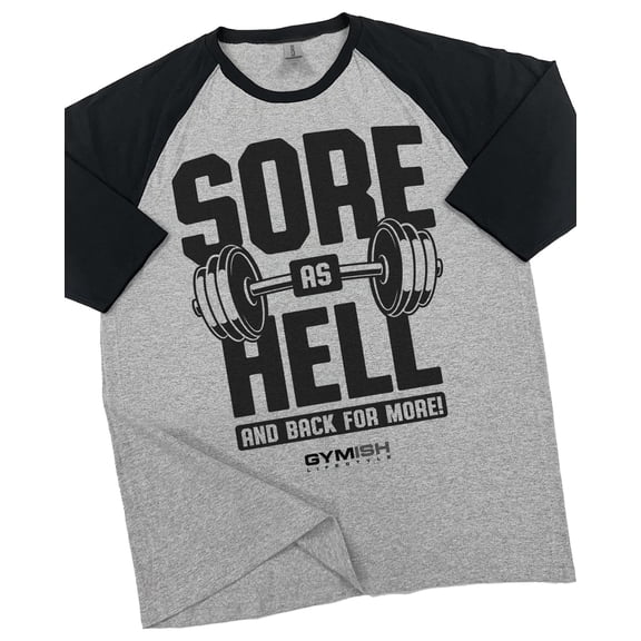 GYMISH RAGLAN Sore as Hell Gym T-Shirt for Men – Funny Workout Tee, Fitness & Bodybuilding Shirt, Heather Grey, Small