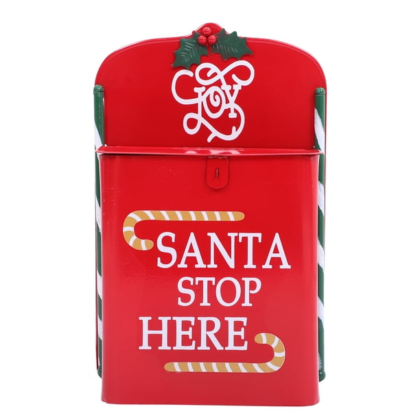 Buzón metálico de Papá Noel - Buzón rojo navideño para pared, ideal para decoración del hogar - Buzón navideño infantil festivo "Papá Noel, para aquí" - Buzón colgante vintage para fiestas navideñas
