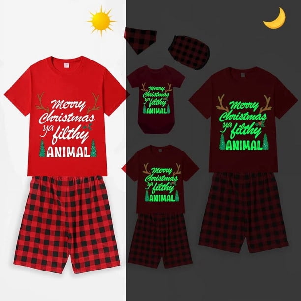 Pijama familiar luminoso a juego para Navidad, conjunto de Pijamas cortos rojos con cuernos de árbol de Navidad brillantes