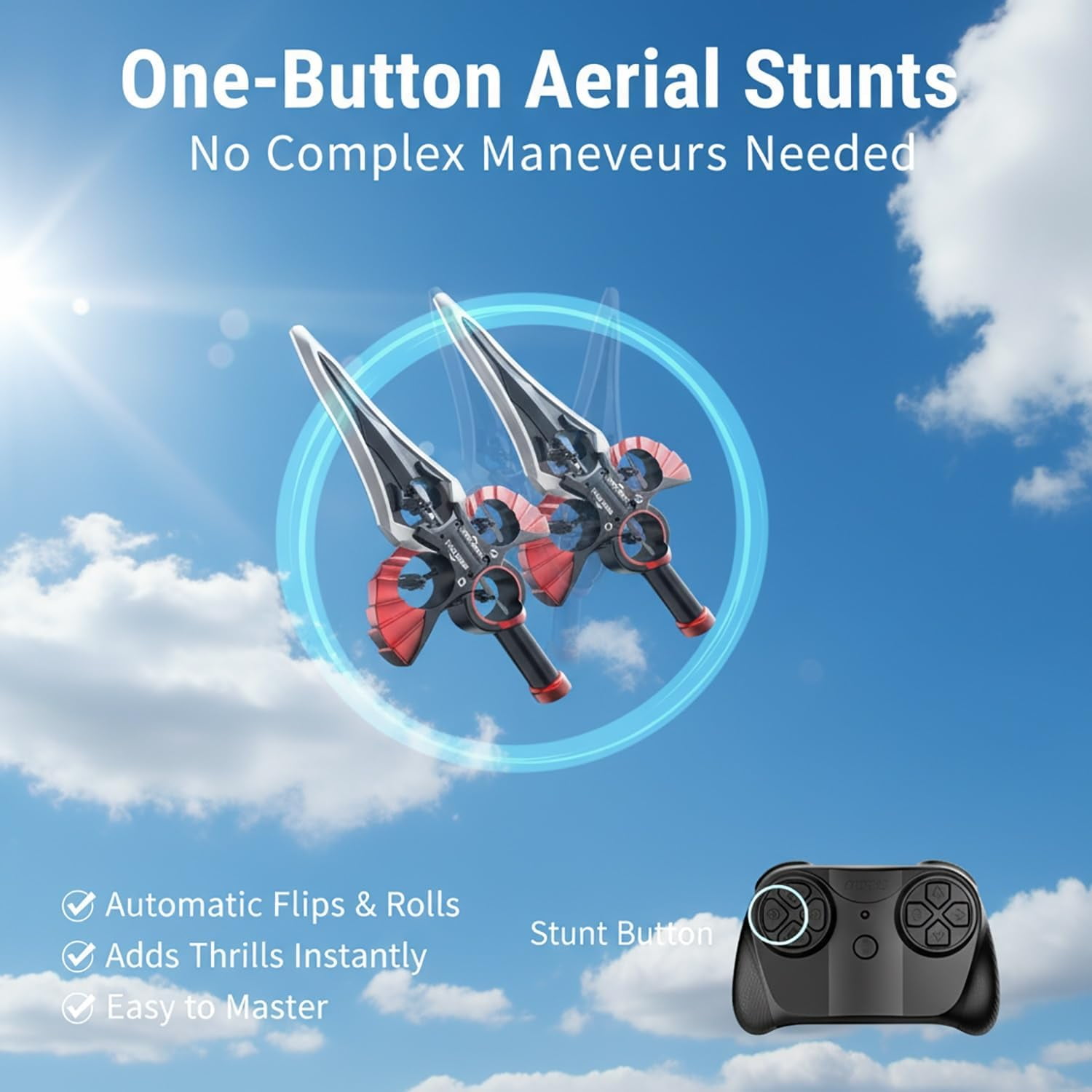 Flying Battle Sword, Gesture Controlled Stunt Rc Plane - 3 Speed Stunt Control Modes, Hand Wave/Controller Mode Remote Flying Sword Gravity Sensing Drop-Proof Frame for All Ages(Red DP)