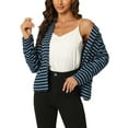 thumbnail image 1 of INSPIRE CHIC Blazer à Rayures pour Femme à Revers Cranté, Manches Longues, Boutonné, Bleu Marine Gris Bleu G, 1 of 6