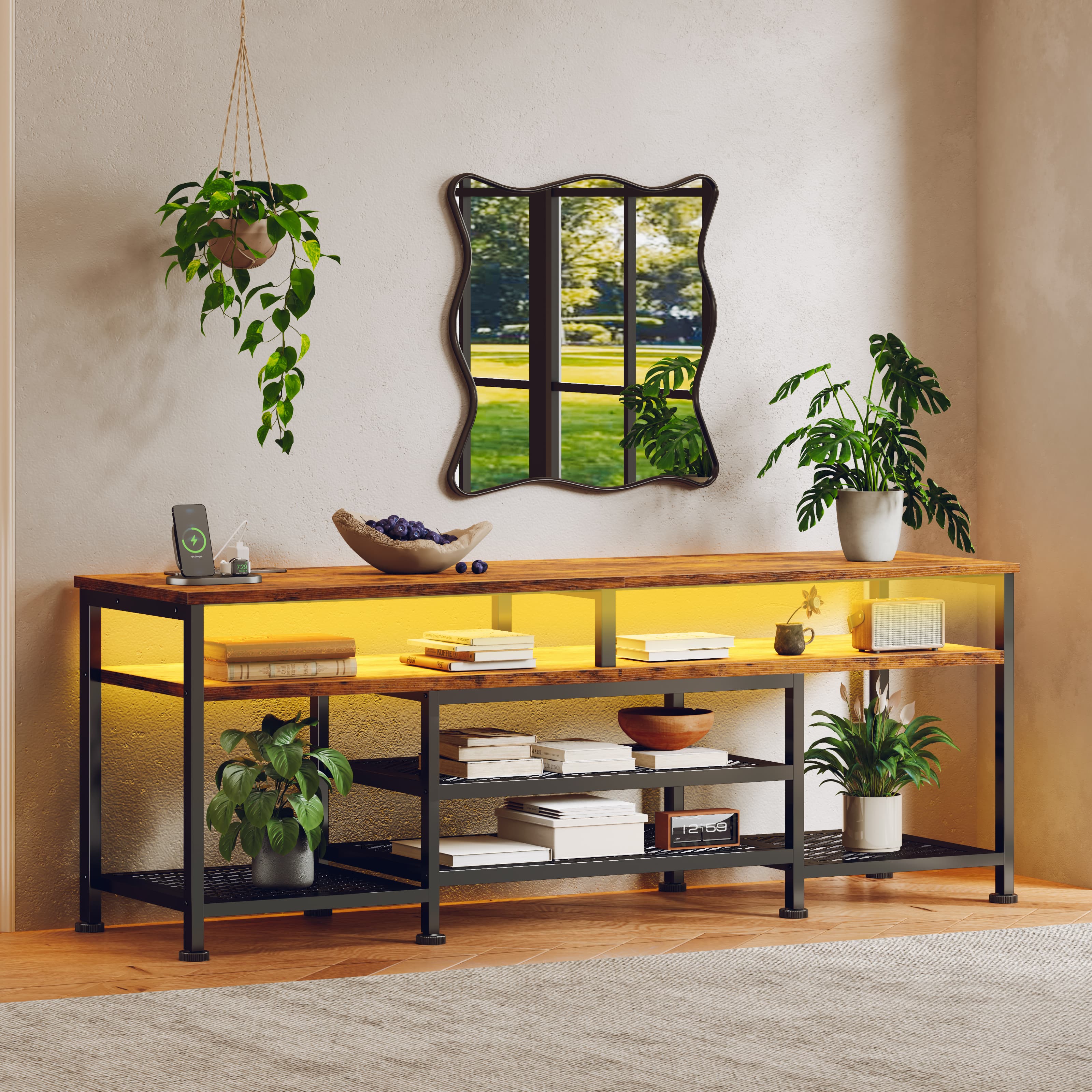 Tydimor Modern 70" TV Stand with LED Lighting, Rustic Brown photo 6