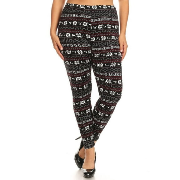 Snowflakes and Reindeer Plus Size Fur Lined Leggings Black 1XL