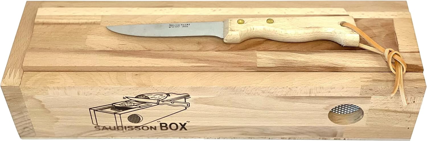 Roger Orfevre Salami, Sausage, Chorizo Wooden Box With Sharp Knife & Breathable Mesh, 13 x 3.5 x 3-in, 100% Made in France