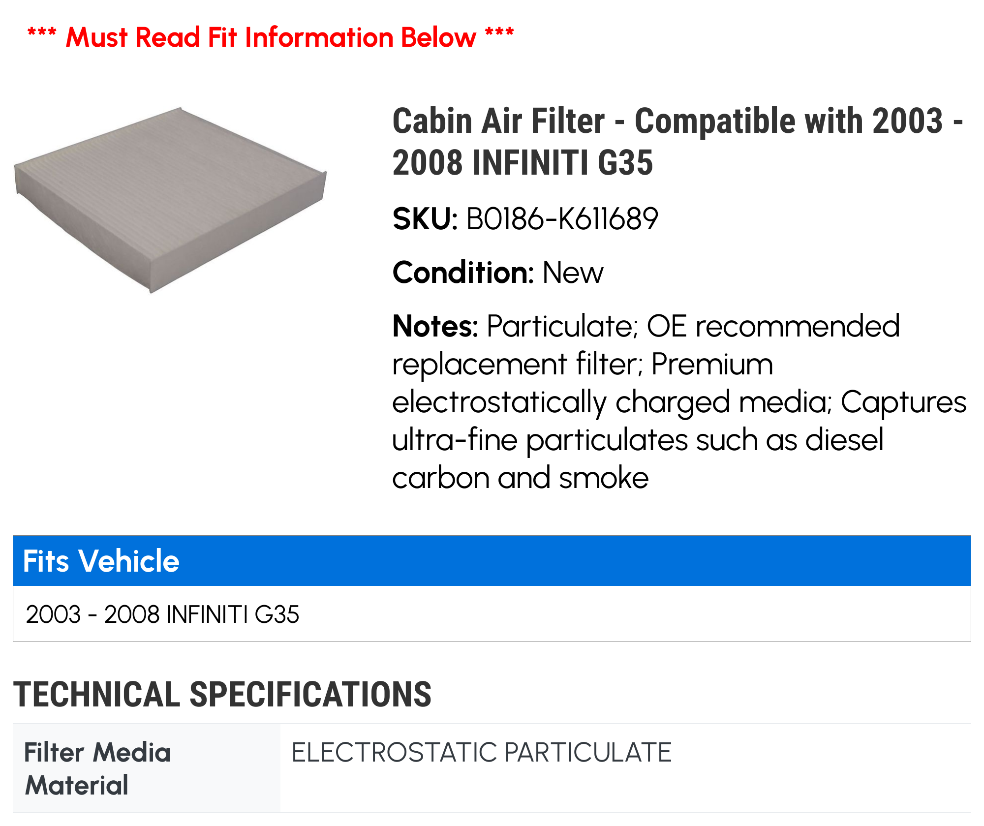 Carbonized Cabin Air Filter For Infiniti G35 2003-2008 – Direct Replacement C35530