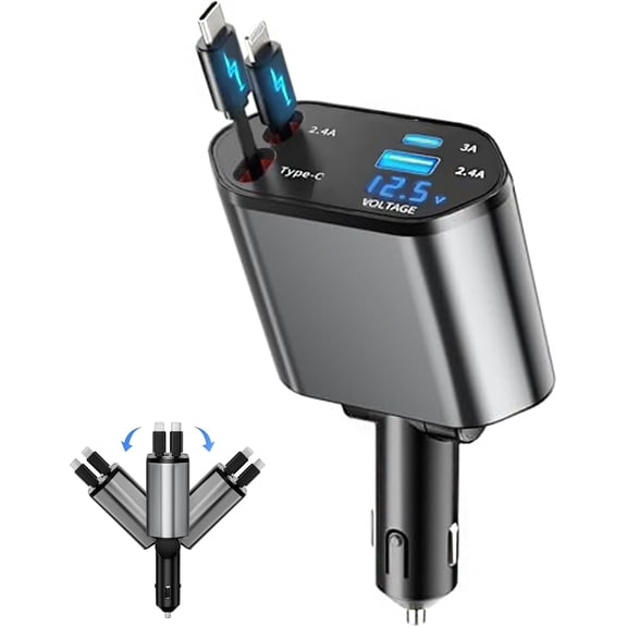 Retractable Car Charger, 4-in-1 Fast Car Phone Charger with 2.6ft Two Retractable Cables USB C USB A, Dual Charging Port with Voltmeter for iPhone 16/15/14/13, Samsung, Pixel
