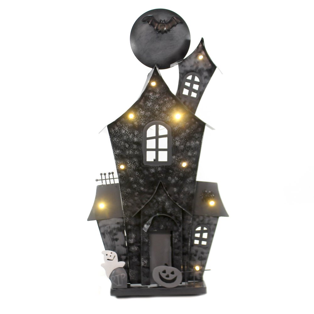 Halloween TIN HAUNTED HOUSE LIGHTED Metal Ghost Spider Bats 9733829