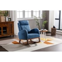 BISHE Modern Rocking Chair with Wood Legs and Side Pocket, Glider Recliner Armchair with High Back, Comfortable Accent Chair for Nursery, Living Room, Bedroom(Blue)