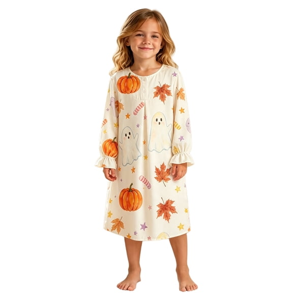 Pajamas for Girls Loose Halloween Graphic Print Crew Neck Long Sleeve Ruffle Nightgown Pjs for Girls Size 3-4 Y