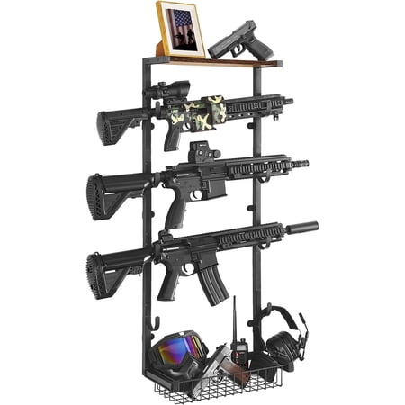 Gun Rack for Wall 4 Gun Rack Wall Mount with Storage Basket Rifle Racks Gun Display for Hunting Rifle Airsoft Gun Holder Black (M- 4 Hooks)