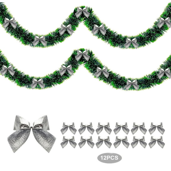 FastXmas 79" Christmas Tinsel Garland with 12 Pcs Bows Decorations,Plastic Foil Tinsel Garland with Bows Hanging Ornaments,Imitations Pine Garland for Christmas Tree,Holiday,Birthday,Party,Yard Decor