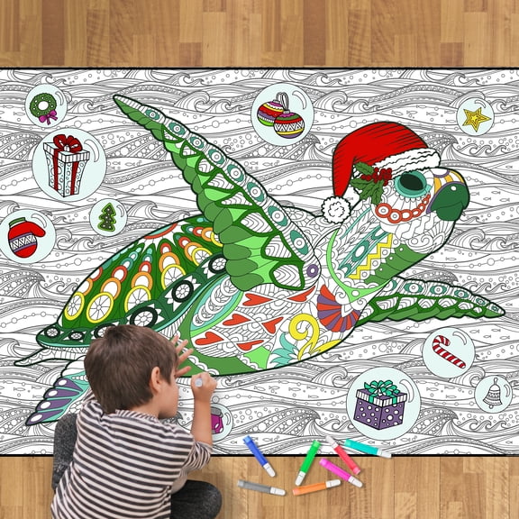 Giant Coloring Poster - Premium Jumbo Coloring Sheets for Kids & Adults with Thick Bleed-Resistant Pages, Use on Floor, Wall, or Table, Use With Alcohol Based Markers (60” x 42”, ChristmasTurtle)
