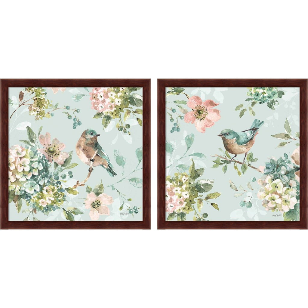 Mint and Pink Bird Print 2-Piece Framed Art Set