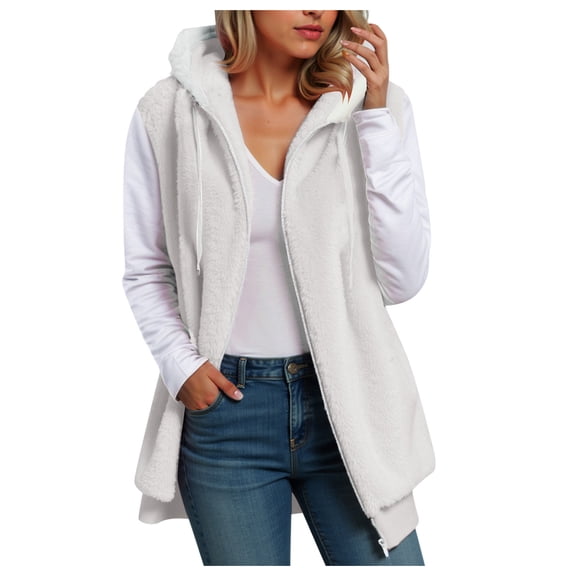 Fuzzy Fleece Vest For Women Zip Up Fall Fashion Hooded Sleeveless Sherpa Jacket With Pockets Lightweight Vest